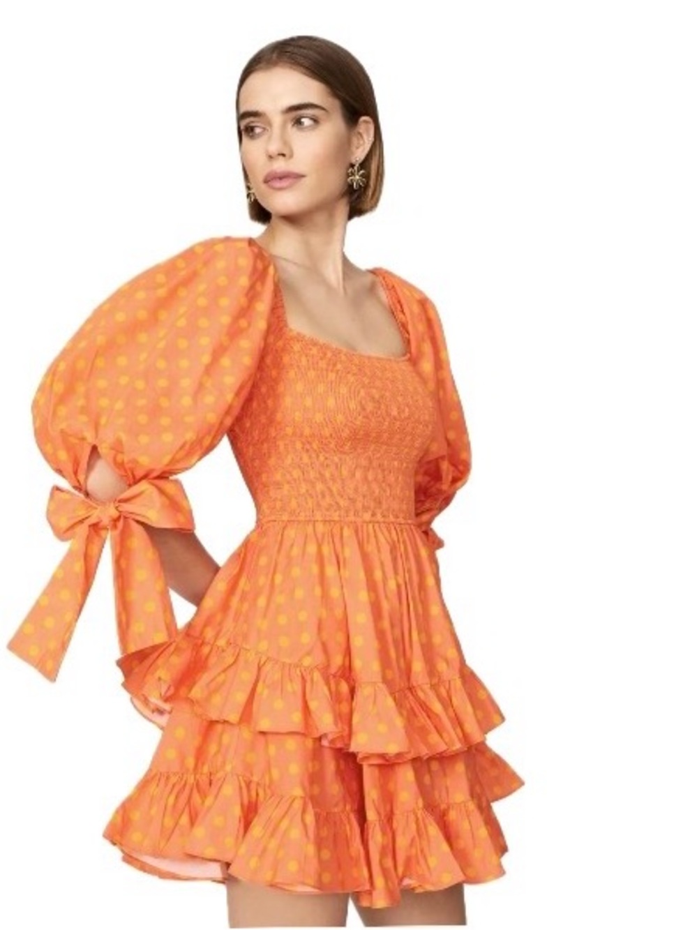 Caroline Constas, Finley Orange Yellow Polka Dot Smocked Puff Sleeve, Size M